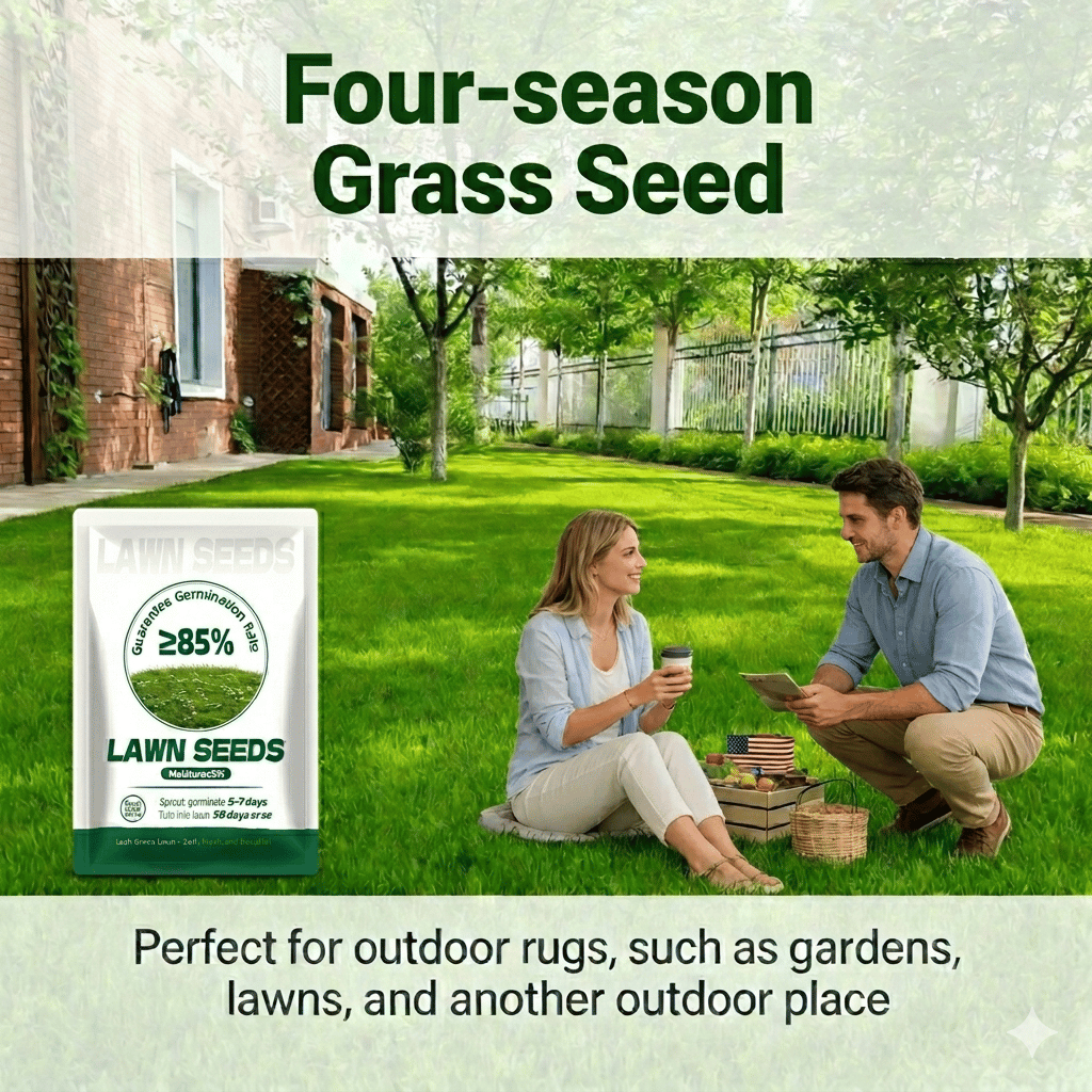 🌱 2026 Four Seasons Evergreen Grass Seed | Vibrant Green All Year, Durable